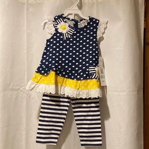 Navy blue polkadot and striped Rare Editions outfit with top and leggings